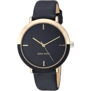 Women's Faux Leather Strap Black/Gold Tone Buckle Closure Crystal Lens Watch